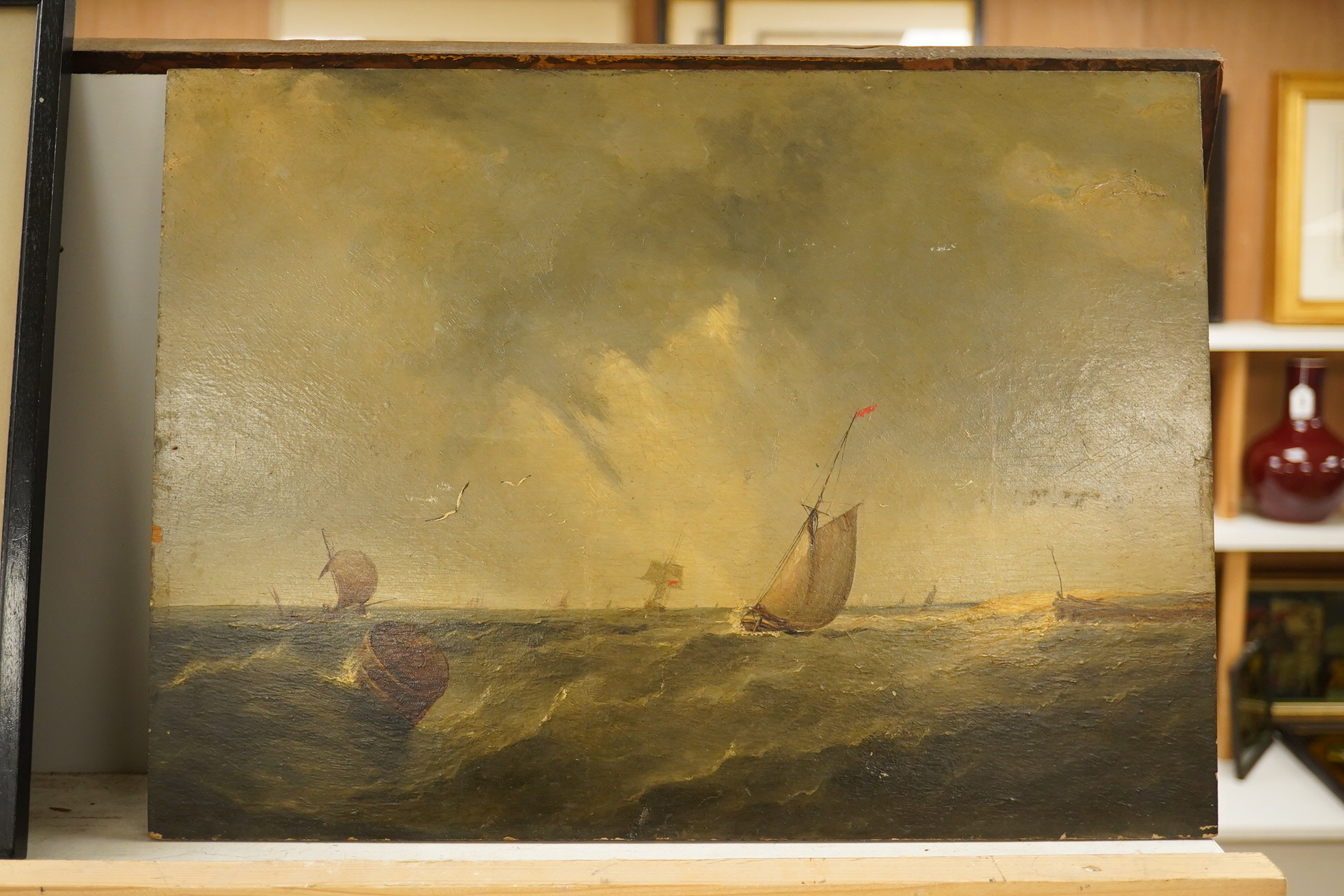 19th century, oil on panel, Shipping scene, unsigned, 36 x 37cm, unframed. Condition - fair, some chipping to the board